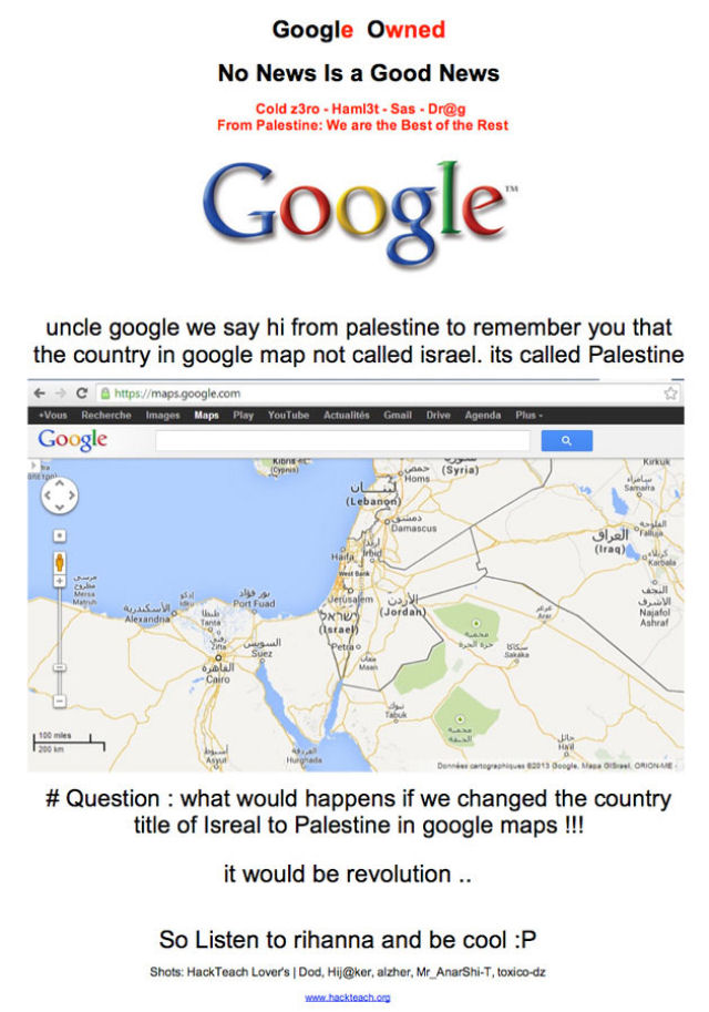 Hackeiam a página principal do Google Palestina